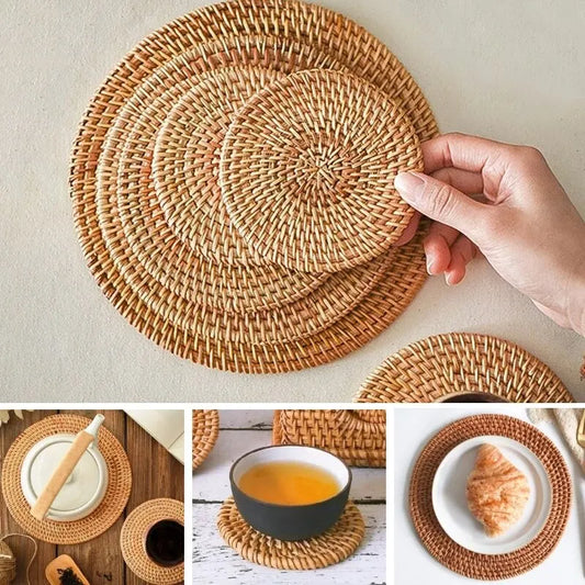 Placemat Pad Coasters Kitchen Table Mats Rattan Coaster Bowl Mats Padding Mat Insulation Pad Round Placemats Woven Hand-made