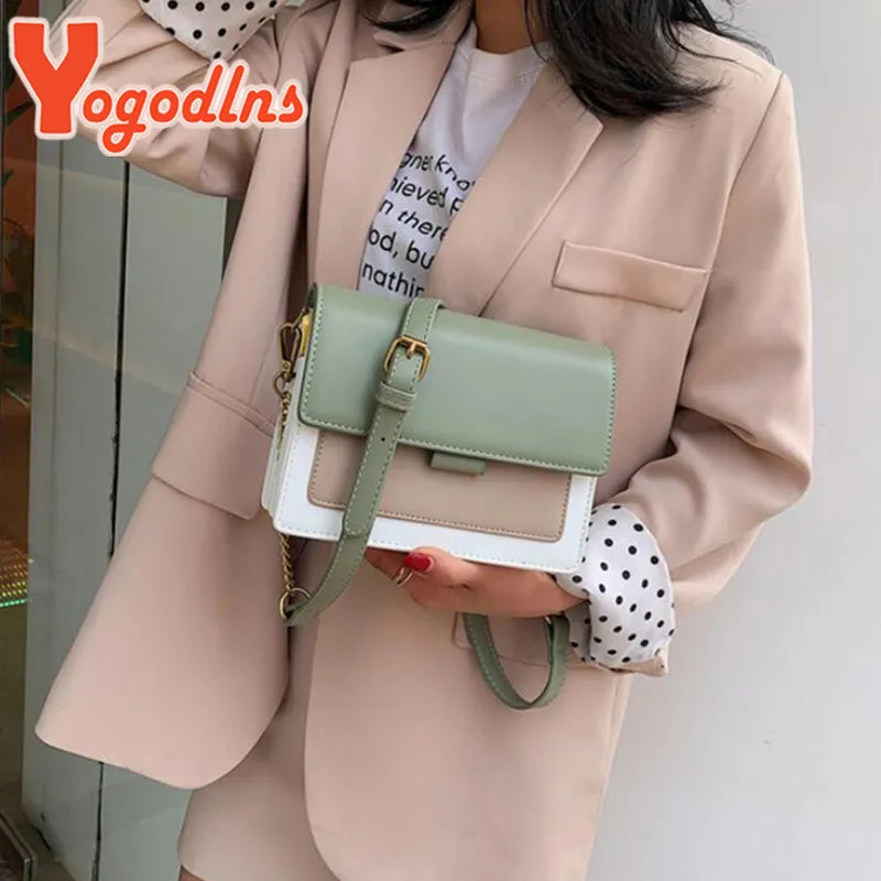 Yogodlns Contrast color Leather Crossbody Bag For Women Travel bag Fashion Simple Shoulder Bag Lady Crossbody Bag