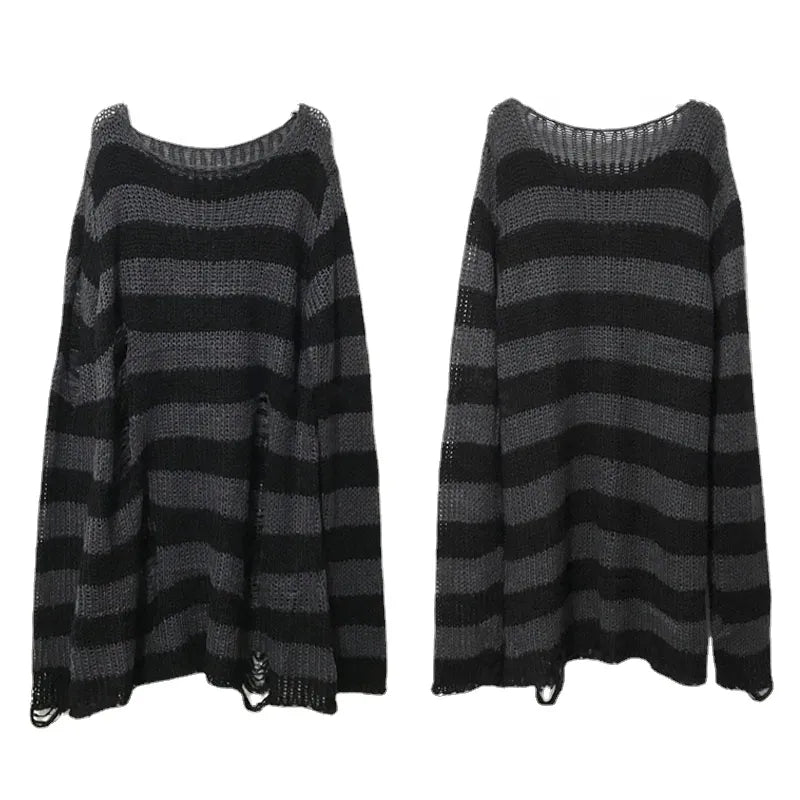 New Punk Gothic Long Unisex Sweater Summer Women Striped Cool Hollow Out Hole Broken Jumper Loose Rock Thin Dark Streetwear Top