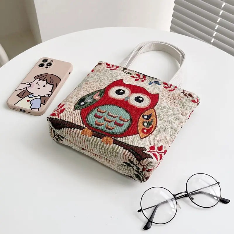 Canvas Handbag Women New Chinachic Style Cartoon Art Handbag Portable Lunch Bag